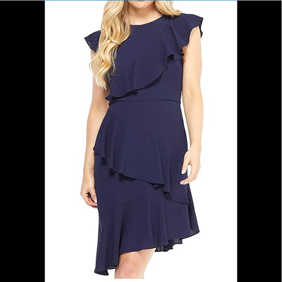 Maggy London Women's Petite Solid Crepe Asymmetric Sheath size 10P - Picture 2 of 2